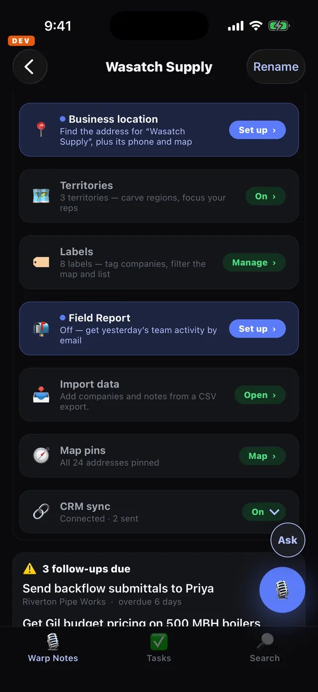 The workspace settings list with the CRM sync row reading Connected, 2 sent, On