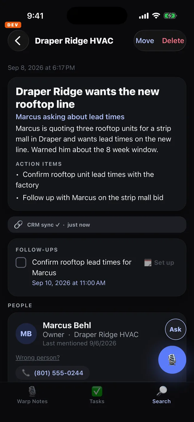 A finished note with a CRM sync checkmark line under the summary