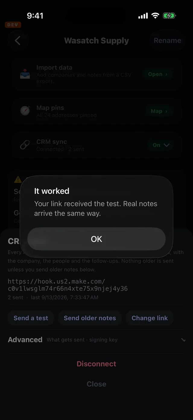 An alert reading It worked. Your link received the test. Real notes arrive the same way.