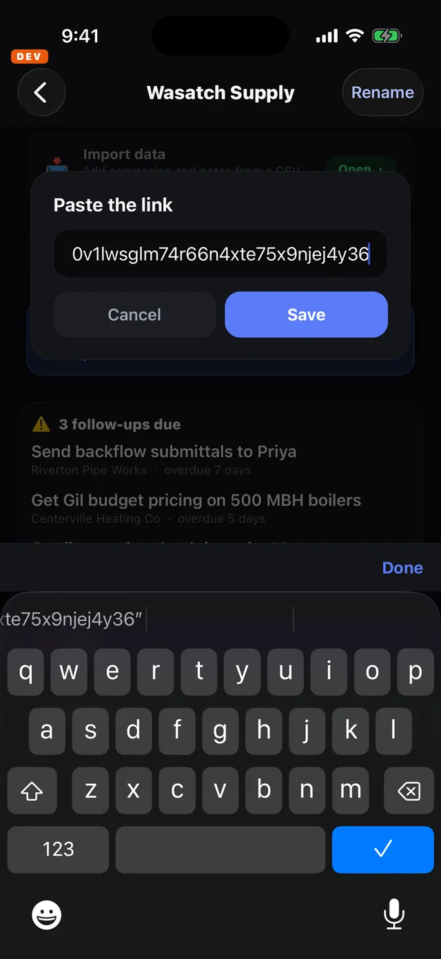The Paste the link prompt with a Make address pasted in and the Save button active