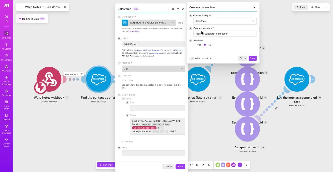 Make's Create a connection dialog for Salesforce with the type Salesforce, a name and a Sandbox choice