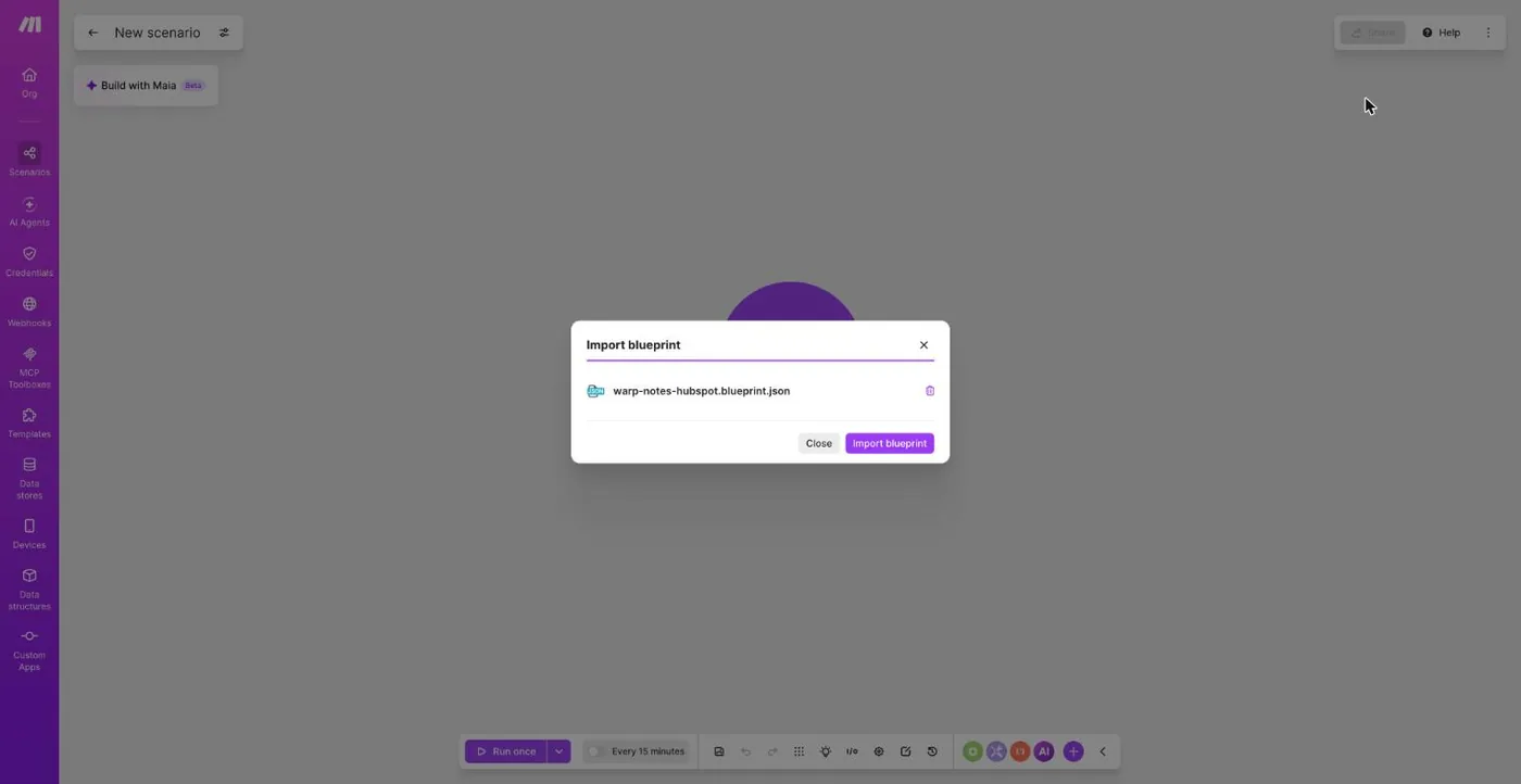 The Import blueprint dialog with the HubSpot blueprint file chosen and a Save button