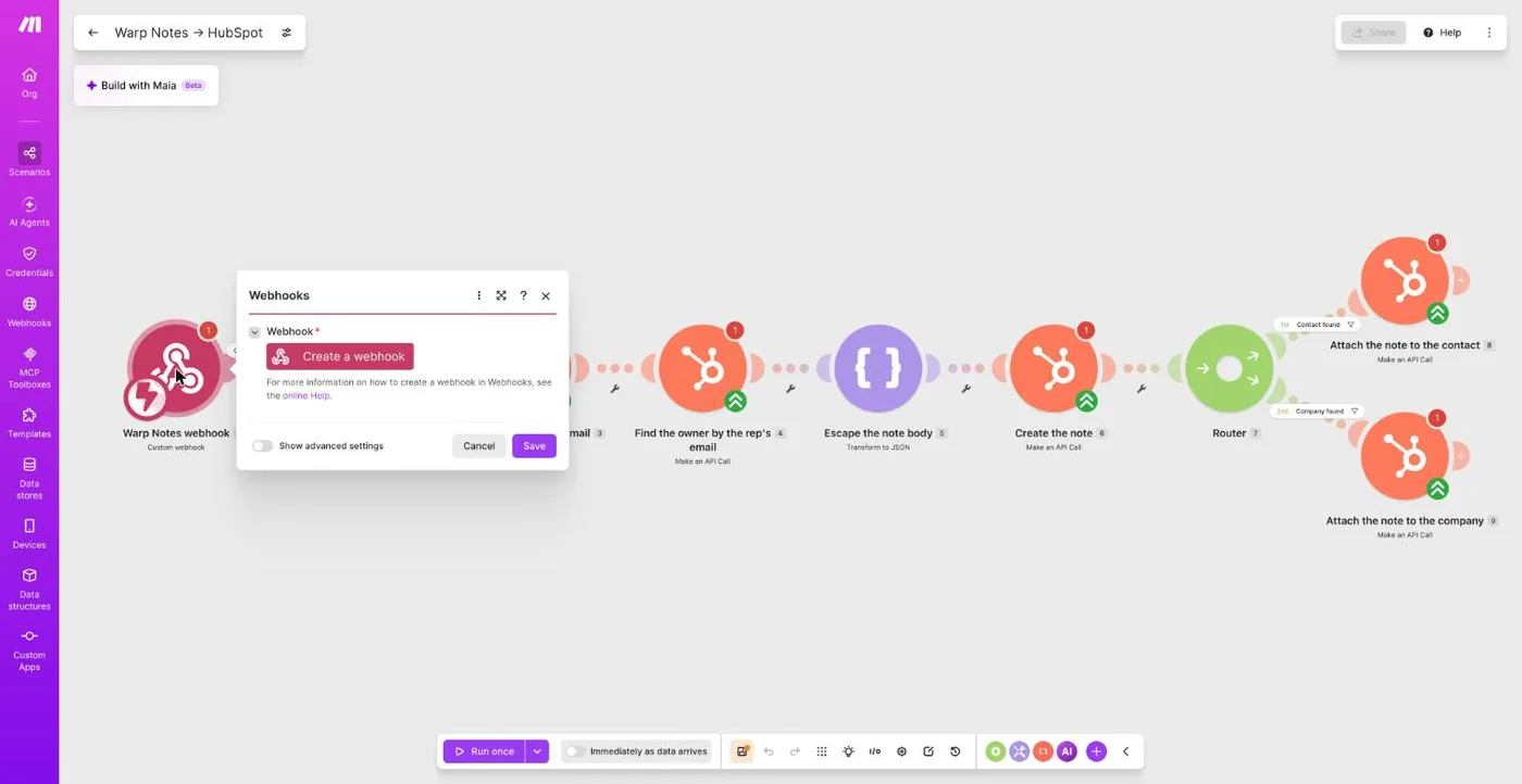 The Warp Notes webhook module opened, showing a Create a webhook button