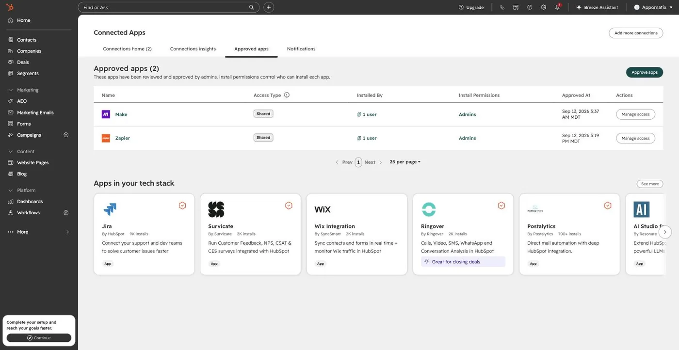 HubSpot's Connected Apps page on the Approved apps tab, listing Make with a Manage access button