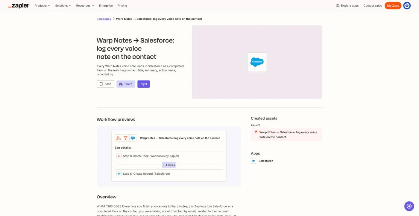The Zapier template page for Warp Notes to Salesforce