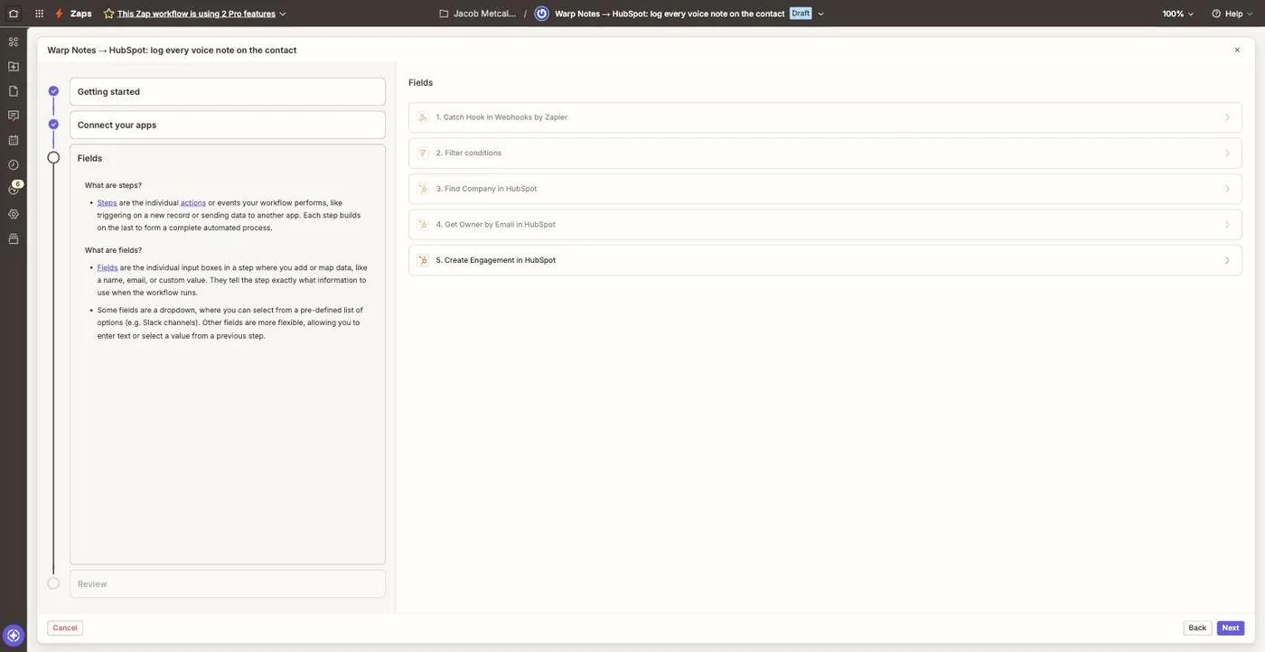 The Fields screen listing Catch Hook, Filter, Find Company, Get Owner by Email and Create Engagement